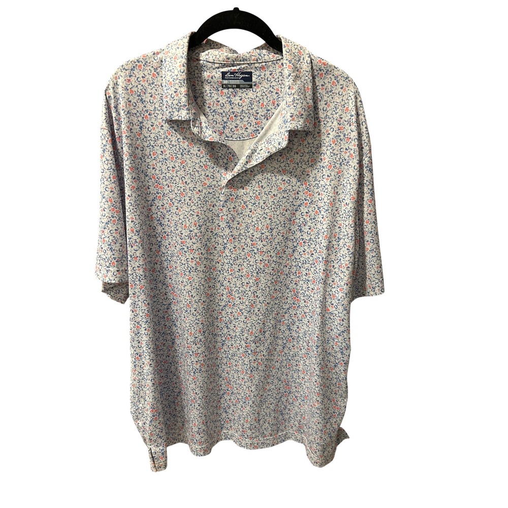 Ben Hogan Performance Mens XL Golf Polo Blue Coral Floral Micro Print Shirt